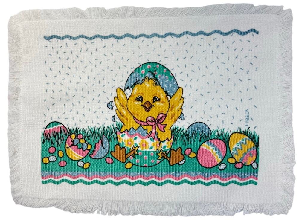 Vintage 80s Easter Chick Quilted Placemats Set of 5 Spring Table Mats